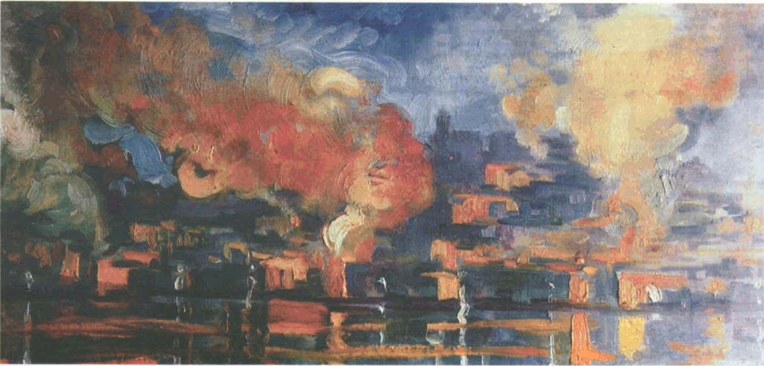 "Bombardeig sobre Eivissa", oli sobre tela de Narcís Puget, 1936, 37 x 77 cm. Costa, C. (coord.) Narcís Puget 1874-1960, Sa Nostra, Eivissa, 1995.