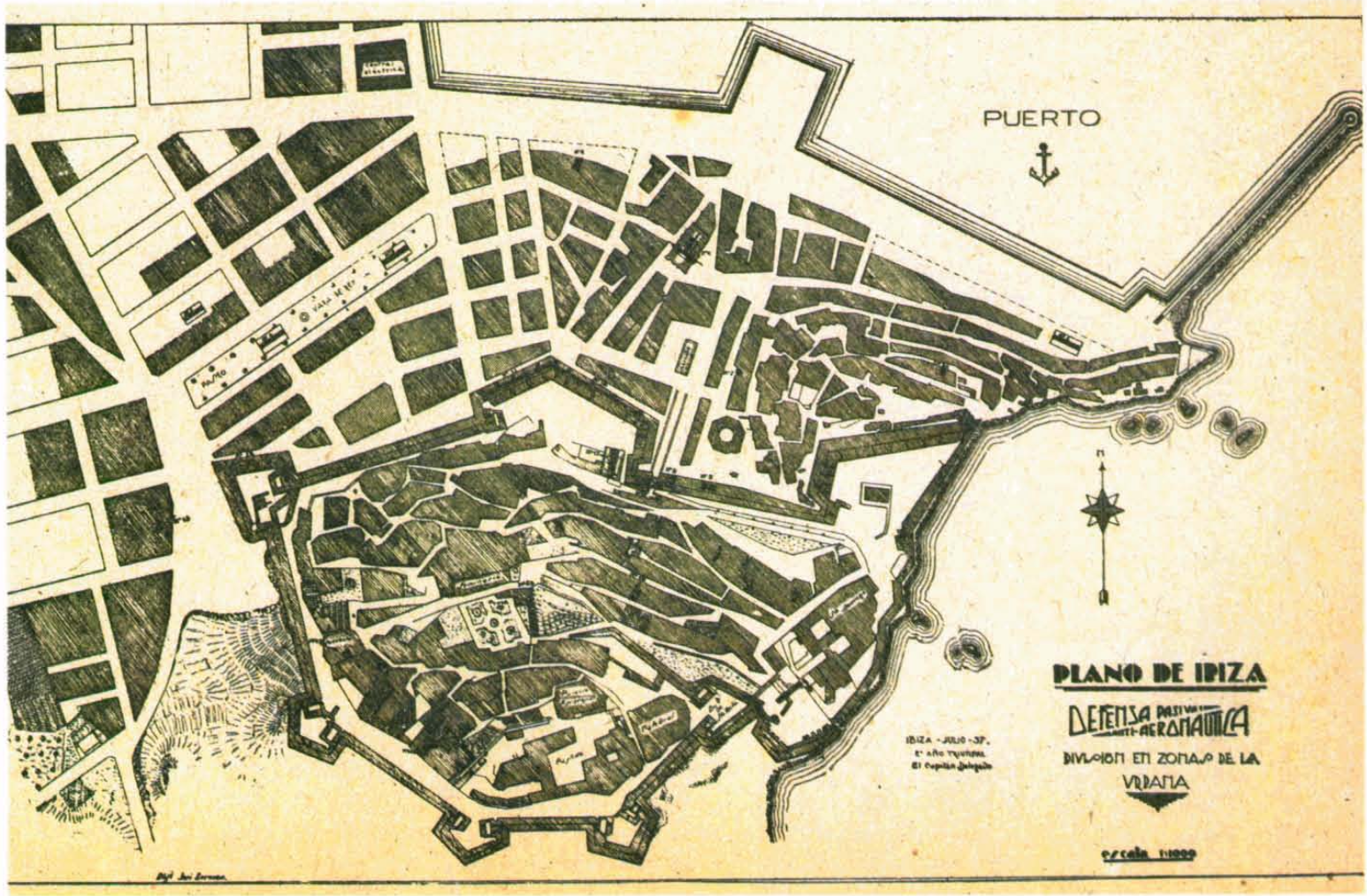 L'opuscle Organización de la defensa pasiva de Baleares, de la Jefatura de antiaeronáutica de l'exèrcit "nacional", inclou aquest plànol de situació dels refugis existents a Eivissa fins a l'agost de 1937 i el llistat i les característiques tècniques de cada un d'ells.
