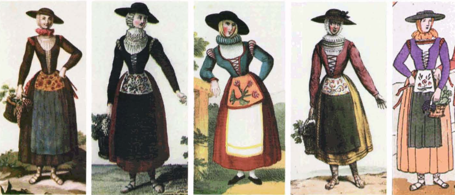 Figs. 7 a 10. Gravats de J. de la Cruz, 1777 Colección de trajes de España.... fotografia realitzada pel Departament de reprografia de la BN, Madrid, que n'autoritza la reproducció; A. Rodríguez, 1801 Colección General de los trajes que en la actualidad se usan en España; J. Giscard, 1822 Delineations of the most remarkable costumes of the diferents provinces of Spain, and also of the military uniforms, bull fights, national dances & c. of the Spaniards (Published by Henry Stokes), i J. Pigal, 1825 Collection de Costumes des diverses Provinces de l'Espagne. Litografphiés d'aprés des Dessins originaux par Pigal, litografia de Langlumé, París: Clement Fres Mds. d'Estampes.