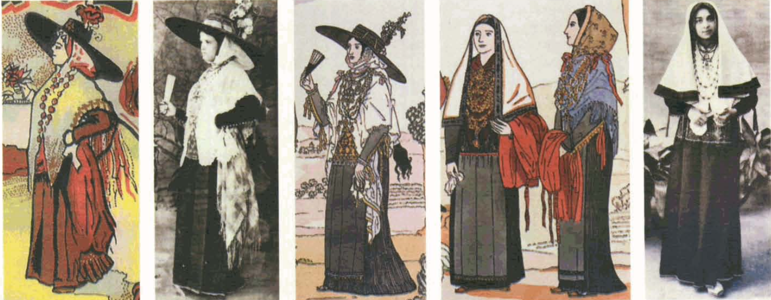 Fig. 16, 17 i 18. Gonella negra amb la fórmula antiga de capell sobre cambuix reproduïda a l'etiqueta del licor de frígola Marí Mayans, i a una antiga postal (Ibiza, Baleares. Pareja con el traje típico de fiesta) en la qual es mostra tal com devia ballar, i la imatge corresponent de Joan d'Ivori.