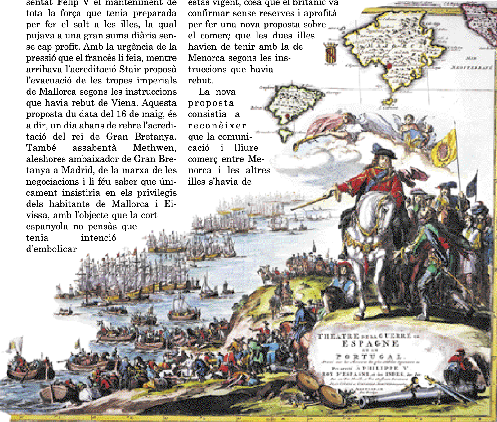 Fragment d'un mapa alegòric de la guerra de Successió en què es representa Felip V i les seues tropes.