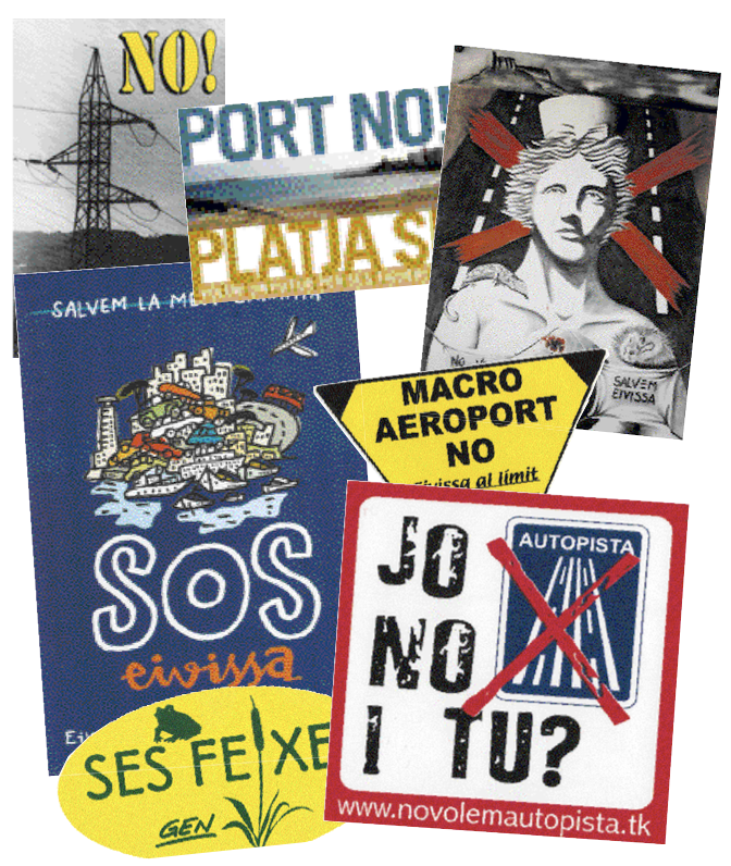 Collage de cartells de protesta: NO PORT NO, PLATJA SÍ, SOS EIVISSA, MACRO AEROPORT NO, AUTOPISTA NO, SES FEIXES SÍ I TU?