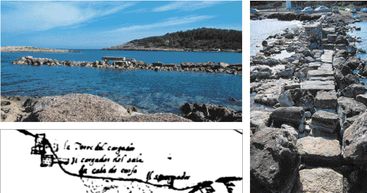 Dues fotografies de l'antic moll del Carregador de la Sal, a l'indret de la Xanga. L'estructura del moll, de pedra, mostra haver estat objecte de diverses reparacions en diferents èpoques. A la costa es conserva prou bé part de la plaça empedrada on s'amuntegava la sal abans d'embarcar-la a bord de les barcasses que la duien als vaixells fondejats més lluny o al port d'Eivissa. El detall correspon al Ritratto di tutta l'isola d'Eviza et delle Formentier que va fer l'enginyer Giovanni Battista Calvi l'any 1555. En ell es veu la representació d'una torre, 'la torre del Cargador', anterior a l'actual, i el moll amb la seva plaça quadrada, 'il Cargador del Sale'; també 'la cala de Cursa' i 'il Sangrador', as Cavallet.