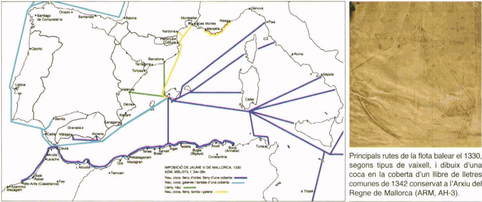 Principals rutes de la flota balear el 1330, segons tipus de vaixell, i dibuix d'una coca en la coberta d'un llibre de lletres comunes de 1342 conservat a l'Arxiu del Regne de Mallorca (ARM, AH-3).