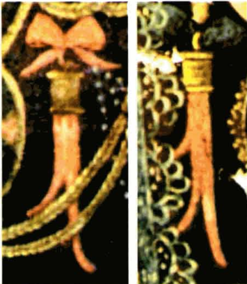 Branques de coral, detall de l'oli que representa la Mare de Déu dels Desemparats conservat al monestir de Sant Cristòfol, a Dalt Vila, obra del segle XVIII