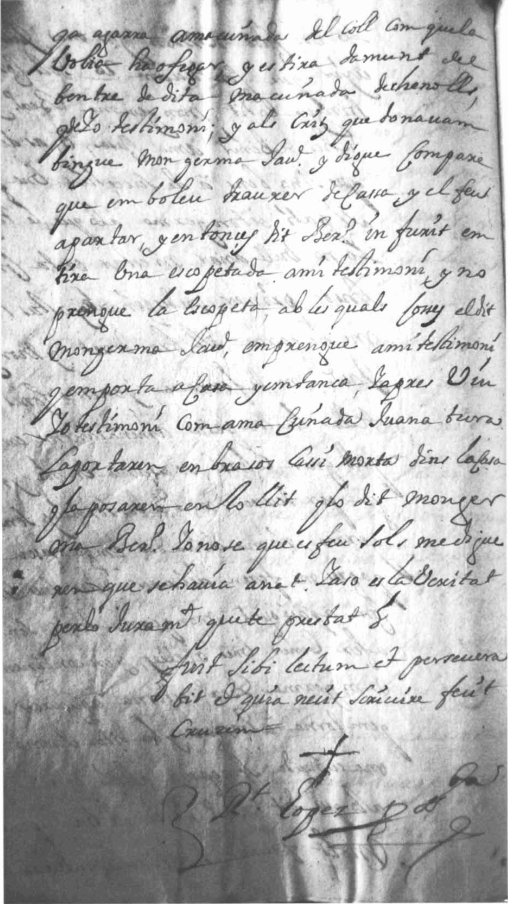 Foli de l'expedient de 1711 en què es conté la declaració d'un dels testimonis. La signatura correspon a l'escrivà López, de probable origen castellà. (Arxiu Històric d'Eivissa).