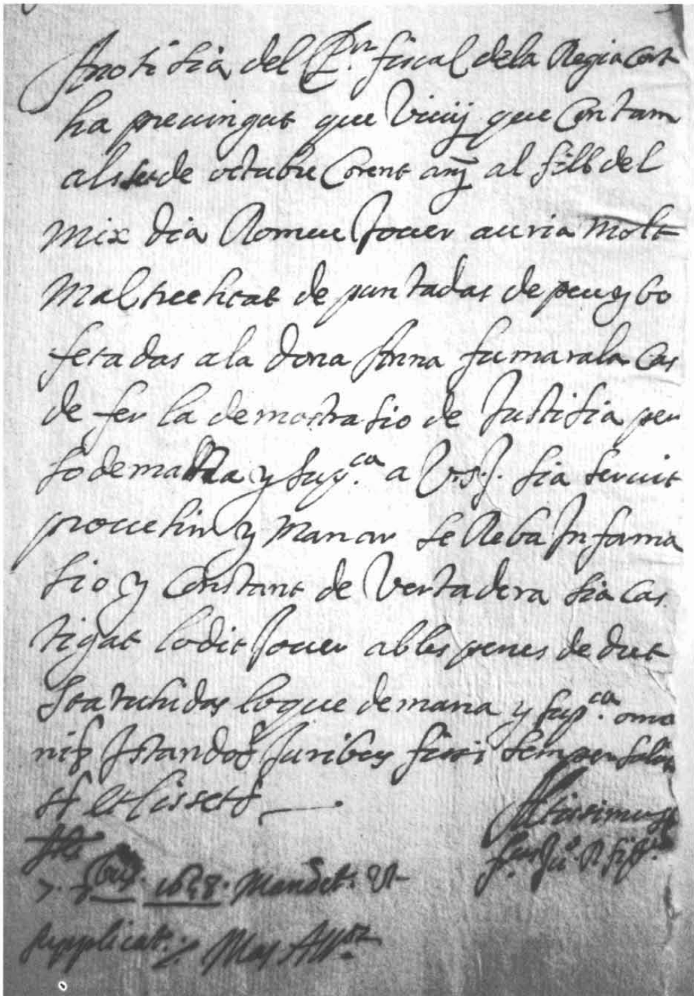 Detall de l'expedient de 1648 en què es notifica el possible delicte de maltractament comès per Romeu Jover en la persona d'Anna Fumerala. (Arxiu Històric d'Eivissa).