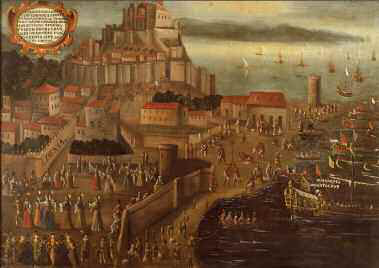 Embarcament dels moriscos al port de Dénia, Vicent Mestre, col·lecció Bancaixa. Després de l'expulsió dels moriscos, al 1609, la ciutat de Dénia (Marina Alta), el port més proper a l'illa d'Ei-vissa, esdevingué un punt en què es concentraren molts d'eivissencs i des d'on s'escamparen al llarg del país.
