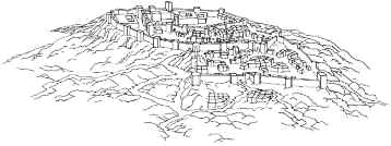 Reconstrucció hipotètica de l'aspecte de la vila d'Eivissa al segle XIII, amb el Castell, l'Almudaina, la vila Mitjana, la vila Inferior i les cases del Raval i de la Costa (dibuix d'Antoni Rebollo Tur).