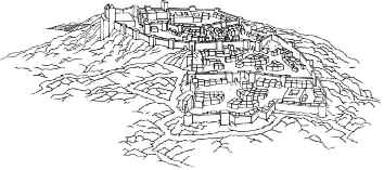 Representació ideal de la vila així com quedà després de la fortificació del Raval entre 1312 i 1359 (dibuix d'Antoni Rebollo Tur).