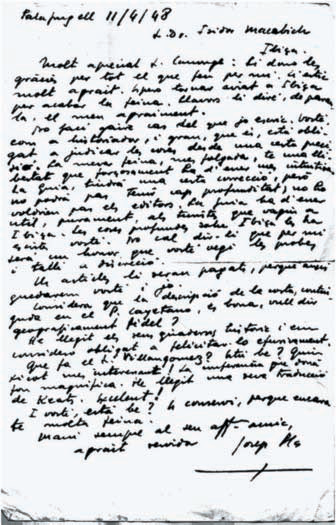 Reproducció facsímil de la carta de Josep Pla a Macabich, de l'11 d'abril de 1948.