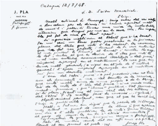Reproducció facsímil de la carta de Josep Pla a Isidor Macabich, del 12 de juliol de 1948.