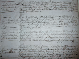 Document 5. Inscripció baptismal de Joan Tur de Lluquí (= Joan Tur i Tur), fill del patró Lluquí Tur de Lluquí i d'Elisabet Tur(a) de Pere, la tercera generació de l'estirp (1692). És la segona que figura a la imatge del full. Data 14 d'abril de 1692. Llibre de Baptismes de la parròquia de Santa Maria. AHPE (2.115). Transcripció: Als 14 de Abril 1692 Batetgí yo Bernardo Rosselló Pre. V (vicari) Curat a Juan, Vicent, Sabastia fill del patro Lluqui Tur de Lluqui y de Isabet Tura de Pera conjuges. Foren padrins lo patro Pere Gavara de March y Cathalina Martina de Nicolau. Nostre Sr. Lo fassa bon xra (cristià)- Amen.