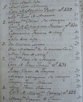 Casa d'Esperança Ferrer i Torres, vídua de Miquel Tur i Pineda, al carrer de Mar del raval de la Marina d'Eivissa. Casa número 430 del padró parroquial de Sant Salvador de la Marina de 1786. Observau la presència d'un esclau moro a la casa.