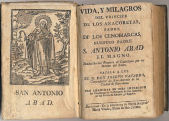 Portada del llibre Vida de San Antonio Abad, del segle XVII (Biblioteca de Marià Torres).