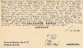 Nota manuscrita de Salvador Espriu, escrita en una targeta de visita, del 12 de maig de 1958. Arxiu Villangómez: C-227, 592 (a).