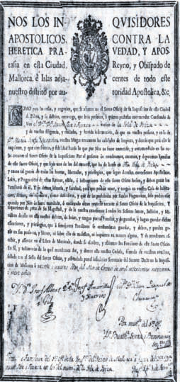 Cèdula de notificació com a familiar del Sant Ofici de la Inquisició del regne de Mallorca a favor del Dr. Joan Tur i Ferrer, de data 24 de gener de 1797. De l'arxiu particular de Joan Palau i Tur.