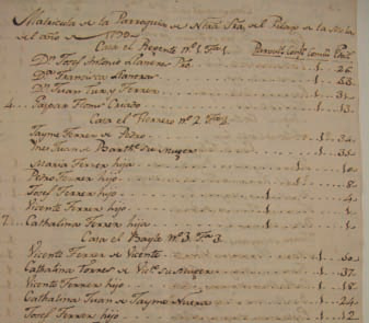 Fragment del primer full de la matrícula de la parròquia del Pilar de la Mola de Formentera de l'any 1799. A la casa núm. 1, la casa del regent de la parròquia, hi viu Joan Tur i Ferrer, el capità de les milícies de l'illa de Formentera. Observau també la presència del prevere eivissenc Josep Antoni Llaneres i Llaneres i de sa mare Francesca Llaneres i Arabí, amb els quals Joan Tur i Ferrer establí parentiu anys més tard (1813) mitjançant el matrimoni del seu hereu, Josep Tur i Gota-redona, amb Maria Francesca Llaneres i Cúndaro, neboda del capellà i néta de Francesca Llaneres i Arabí. L'estada de Josep Antoni Llaneres a la parròquia del Pilar de la Mola fou molt curta, ja que el 1801 ja era rector de la parròquia de Sant Mateu d'Albarca (Eivissa).