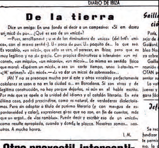 Article d'Isidor Macabich publicat a la seua secció «De la tierra», del Diario de Ibiza, el 19 de desembre de 1957.