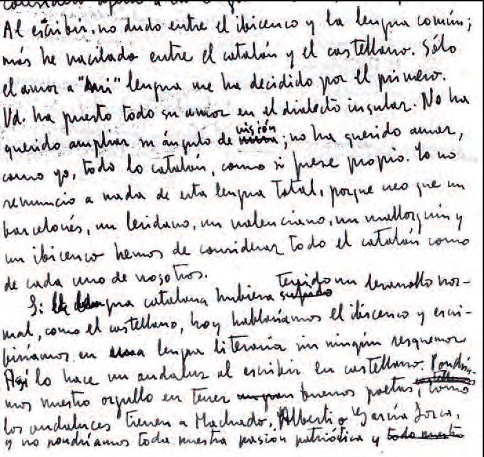 Un fragment ben eloqüent del manuscrit de Villangómez, en el qual mostra la seua clara consciència de pertinença a la comunitat lingüística catalana, sense reserves de cap tipus.