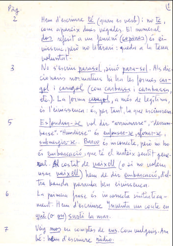 Un full manuscrit amb correccions lingüístiques numerades.
