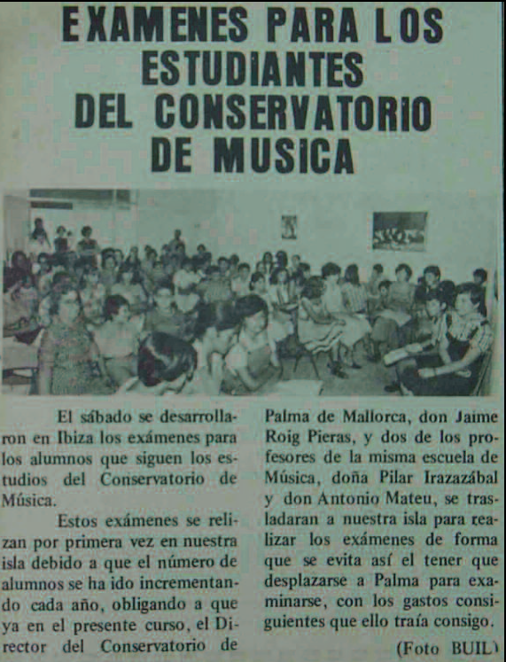 Notícia publicada al Diario de Ibiza de 12 de juliol de 1977, sobre els primers exàmens del Conservatori Elemental de Música de Balears celebrats a Eivissa el 9 de juliol d'aquell any.