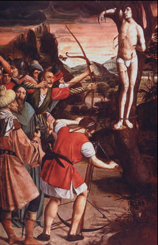Segons la Passio Sancti Sebastiani, el sant va ser condemnat per Dioclecià a ser executat per mitjà de fletxes. «Martiri de sant Sebastià», oli sobre taula de Josse Lieferinxe, «Mestre de sant Sebastià» (1497). Altar del martiri de Sant Sebastià, Museu d'Art de Filadèlfia.