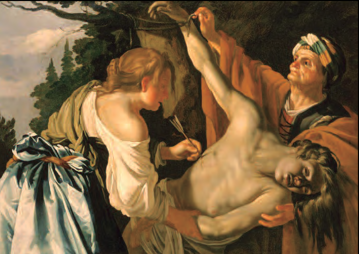 Els botxins deixaren Sebastià per mort, però santa Irene, en anar a recuperar-ne el cadàver, va adonar-se que encara era viu. «Sant Sebastià rescatat per santa Irene», oli sobre tela atribuït a Dirck van Baburen (ca. 1622). Museu Thyssen-Bornemisza, Madrid.