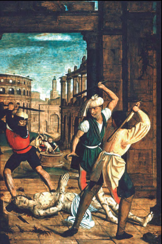 Quan Sebastià es va tornar a enfrontar a Dioclecià, aquest va donar ordre que fos detingut i colpejat fins a morir. «Mort de sant Sebastià», oli sobre taula de Josse Lieferinxe, «Mestre de sant Sebastià» (1497). Altar del martiri de Sant Sebastià, Museu d'Art de Filadèlfia.