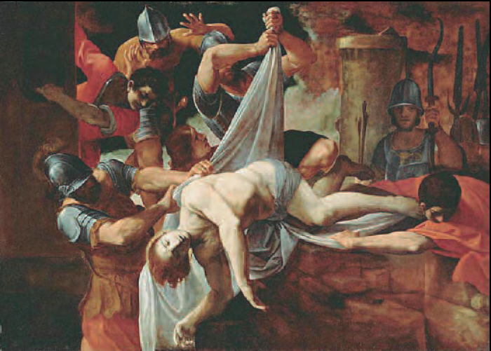 El cos del màrtir va ser llançat a la claveguera, però una dama anomenada Lucina, advertida per una visió, va rescatar-ne el cos i el va enterrar a les catacumbes. «Sant Sebastià llençat a la Claveguera Màxima», oli sobre tela de Ludovico Carracci (1612). The J. Paul Getty Museum, The Getty Center, Los Angeles.