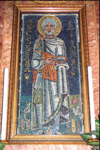 Sant Sebastià, a l'antiguitat era representat com un home major que portava a la mà la corona del martiri. Mosaic bizantí (ca. 680 dC) conservat a l'església de San Pietro in Vincoli, a Roma.