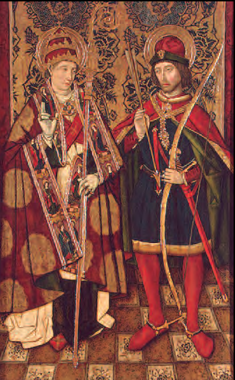 A l'edat mitjana, sant Sebastià apareix com un noble palatí, vestit amb robes cortesanes i portant l'arc i una fletxa, símbols contra la malaltia. «Sant Sebastià i sant Fabià», taula anònima espanyola del segle xv. Museu de l'Ermitatge, Sant Petersburg (Rússia).
