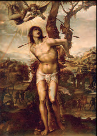 A partir de final segle xiv, i sobretot en el xv, Sebastià assolirà els seus trets icònics de màrtir travessat per les fletxes. «Sant Sebastià», pintura sobre tela de Giovanni Antonio Bazzi «il Sodoma» (1525). Galleria degli Uffizi (Florença).