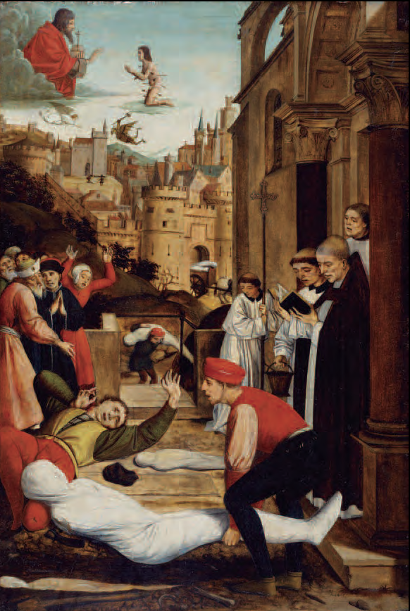 El sant que havia sobreviscut a les sagetes va esdevenir un referent d'aquells que volien escapar a la mort per la pesta i les malalties. A l'esquerra, «Sant Sebastià intercedint pel final de la plaga», oli sobre taula de Josse Lieferinxe, «Mestre de sant Sebastià» (ca. 1497-1499). The Walters Art Museum, Baltimore (Maryland). A la dreta, rosari eivissenc de plata i corall del Tresor de Lluc, amb penjolls dels braços de la creu que representen sant Roc (Fotografia publicada per E. González, i M. M. Riera, 2002).