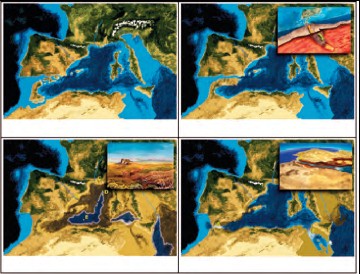 Figura 1. Interpretació gràfica del tancament de la Mediterrània, posterior crisi salina i obertura de Gibraltar, realitzada per Pau Bahí sota direcció científica de García-Castellanos.