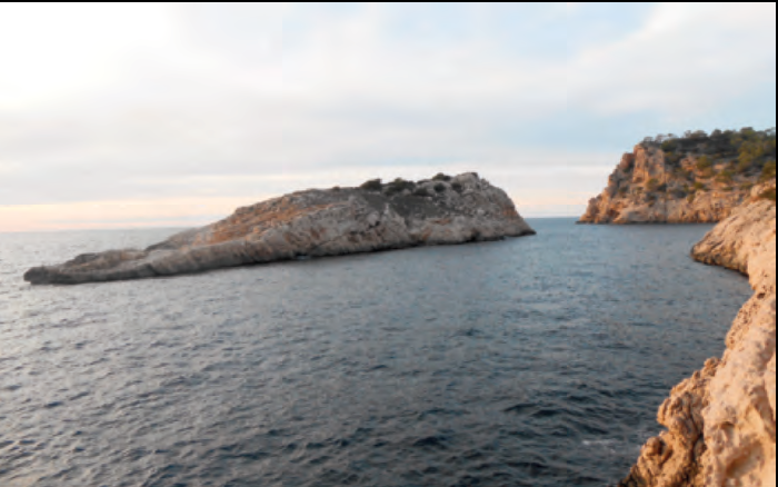 Illeta de Cala Salada. La costa d'Eivissa en aquest indret és de calcàries karstificades i fisurades. Al fons, s'observa una gran fisura vertical que, mitjançant bolcada, podria donar lloc a un futur escull similar al de Cala Salada. En aquests casos els organismes pioners ja són a sobre de l'illa des del seu inici.