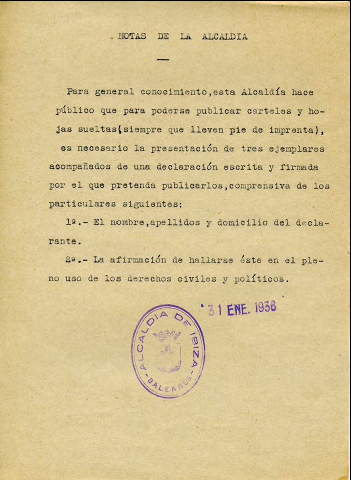 Nota de Batlia de data 31 de gener de 1936 que regula les peticions per a la publicació i repartiment de propaganda electoral de cara a les eleccions del 16 de febrer de 1936. Arxiu Històric d'Eivissa (AHE). Secció ix. Eleccions.