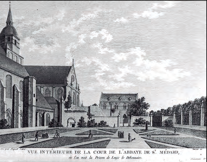 VUE INTÉRIEURE DE LA COUR DE L'ABBAYE DE S. MÉDARD, eu l'on voit la Prison de Louis le Débonnaire. Vista, en un gravat del segle XVIII, del pati intern de l'abadia de Saint Médard, a Soissons, lloc on l'any 826 el bisbe Hilduin va traslladar algunes relíquies de sant Sebastià.