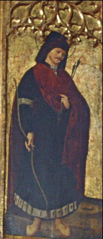 Representació de sant Sebastià com un cortesà vestit amb robes palatines, amb l'arc i les fletxes com a símbol del martiri, a la part inferior esquerra de la polsera del retaule de Nostra Senyora de Jesús (fotografia: В. Costa).