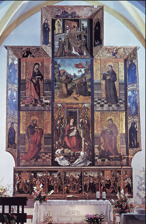 El retaule de Nostra Senyora de Jesús, obra del taller dels pintors valencians Roderic i Francesc d'Osona, mostra un ample ventall dels sants de devoció franciscana, a la vegada que palesa el culte marià d'aquesta ordre. Als extrems inferiors dret i esquerre de la polsera, respectivament, apareixen sant Sebastià i sant Roc (fotografia: Toni Pomar).