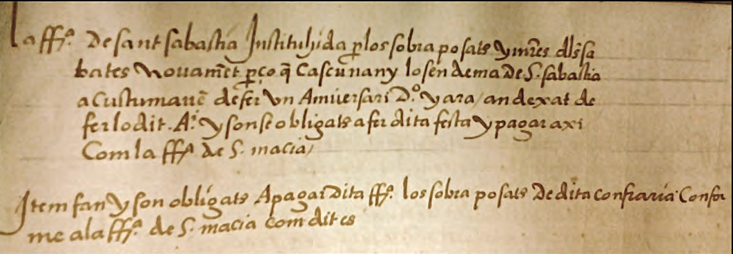 Llibre de Festes i Aniversaris, de l'Arxiu Històric de la Pabordia d'Eivissa (f. 15 v), on es fa constar que la festa de Sant Sebastià era celebrada pel gremi de sabaters, però que va ser substituïda per la de sant Macià (fotografia: B. Costa).