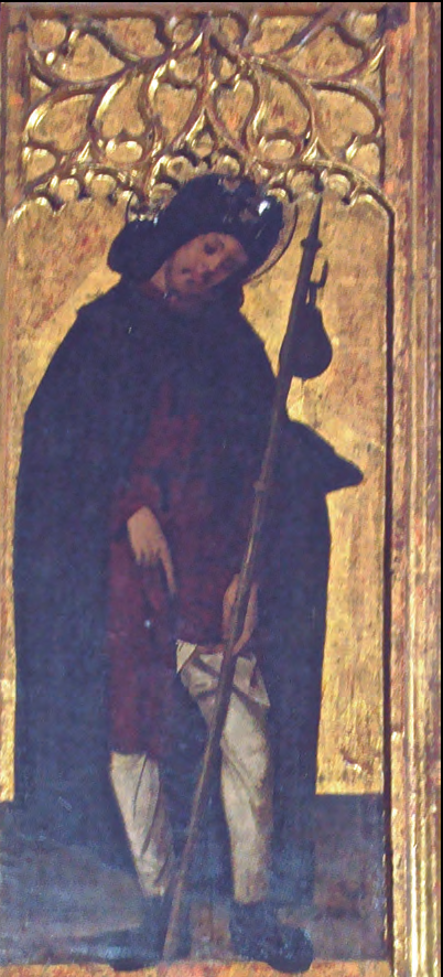 Representació de sant Roc mostrant la nafra a la cama, a la part inferior esquerra de la polsera del retaule de Nostra Senyora de Jesús (fotografia: B. Costa).