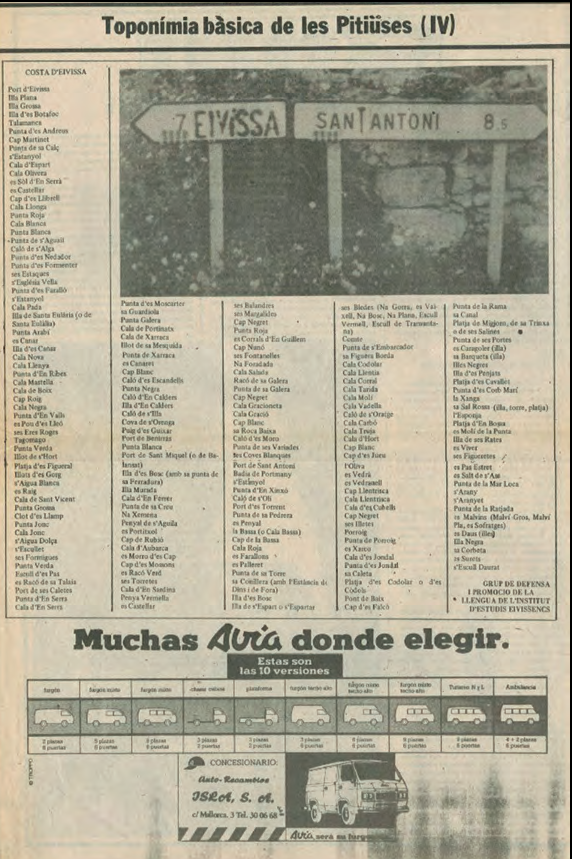 Una de les parts de l'estudi «Toponímia bàsica de les Pitiüses», elaborat pel Grup de Defensa i Promoció de la Llengua de l'Institut d'Estudis Eivissencs, que publicà Diario de Ibiza en 5 parts, en juny de 1978.