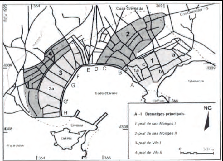 Imatge 3. Unitats estructurants del pla de Vila, segons Kirchner & Villaescusa (1997: 68). Es mostren, en gris més fosc, les feixes construïdes a l'edat mitjana i, en gris més clar, les construïdes a partir del segle XVII.
