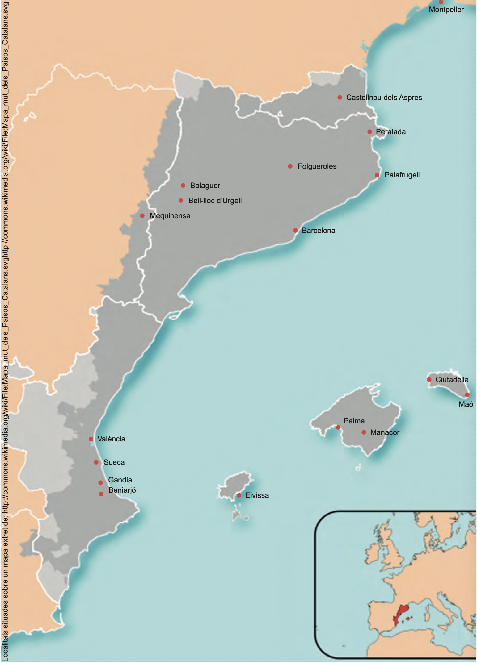 Mapa de les localitats dels autors del cànon català