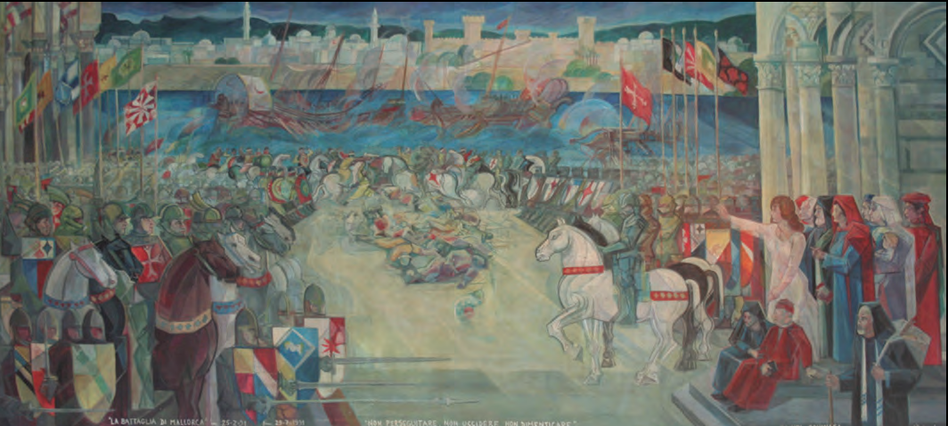 La Battaglia di Mallorca, mural obra neofuturista de Daniel Schinasi de 1991 que es pot veure a l'atri de l'estació ferroviària de Pisa (foto: www.pisaeislam.hummet.unipi.it).