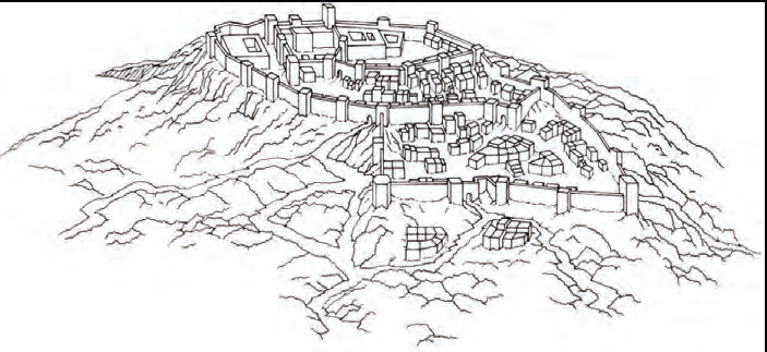 Imatge hipotètica de la fesomia de madīna Yābisa en el moment de la croada pisanocatalana de 1114 (Dibuix A. Rebollo Tur).