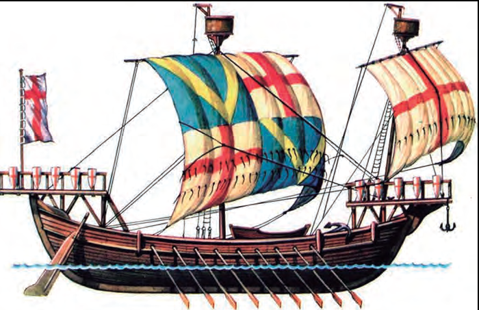 Dromó o vaixell de guerra del segle XII, amb propulsió al rem i a la vela, en aquest cas genovès (Imatge: http-//forum.paradoxplaza.com).