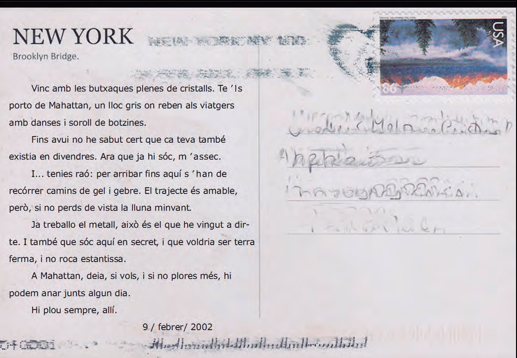 Postal de Nova York amb text manuscrit i segell