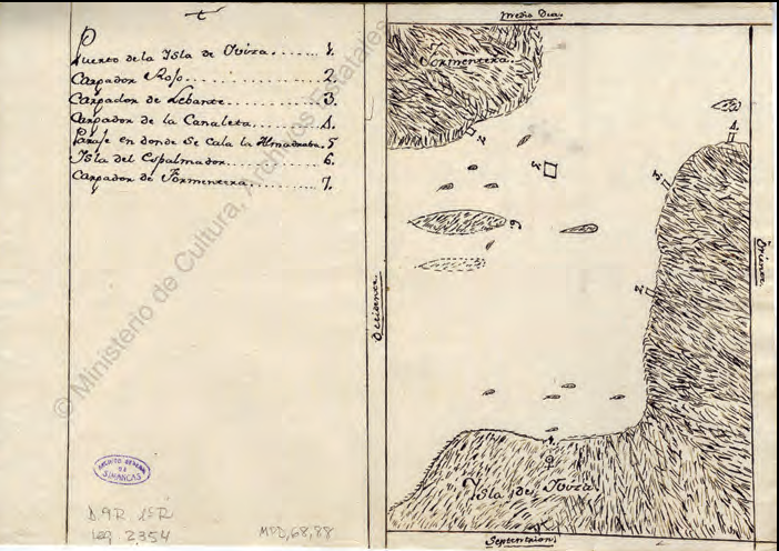 Figura 7. «Mapa con la ubicación de las almadrabas de Ibiza», de l'any 1768, conservat a l'Arxiu General de Simancas (AGS, MPD, 68, 088).